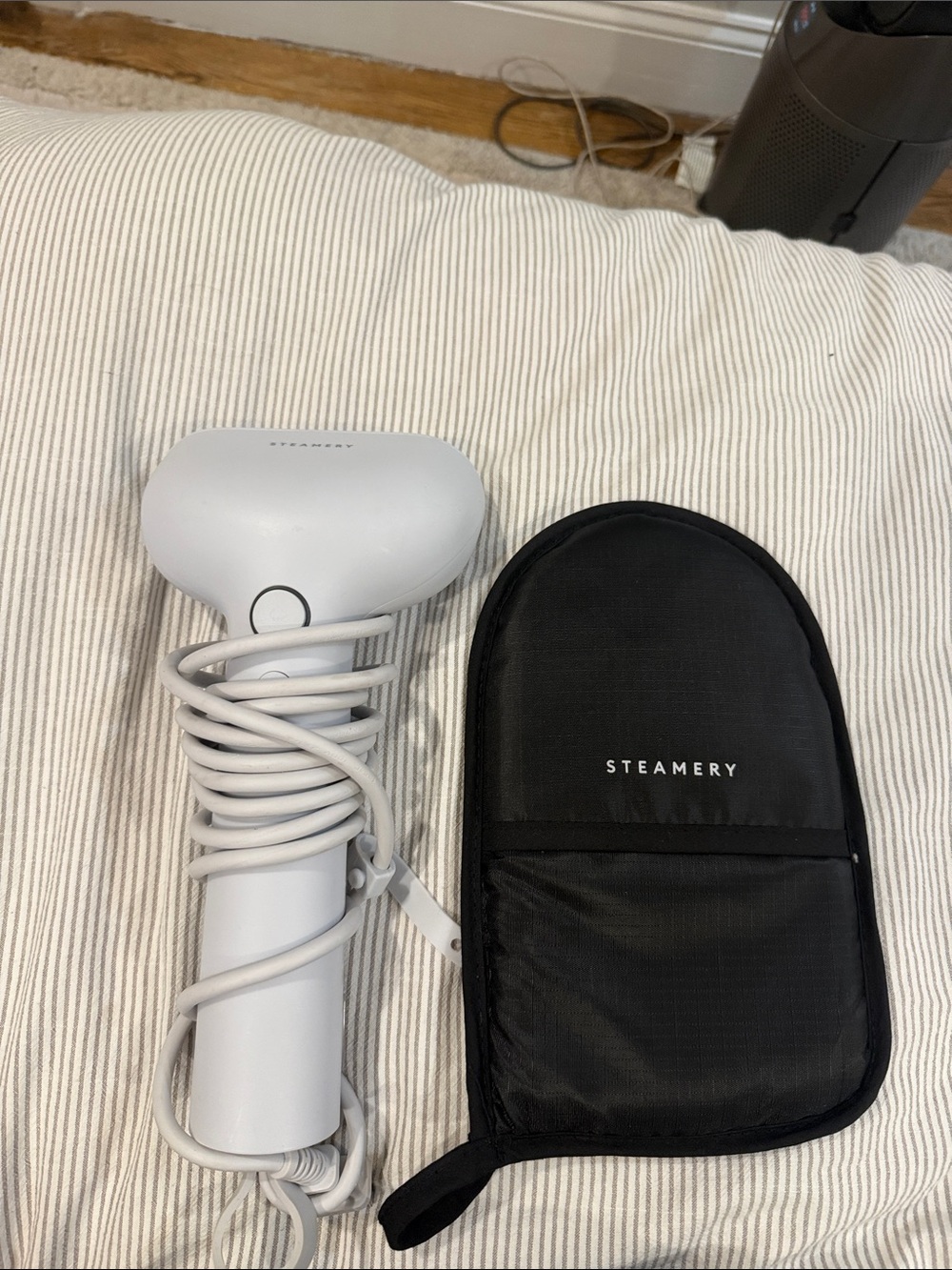 Handheld Garment Steamer in White with Black Travel Pouch